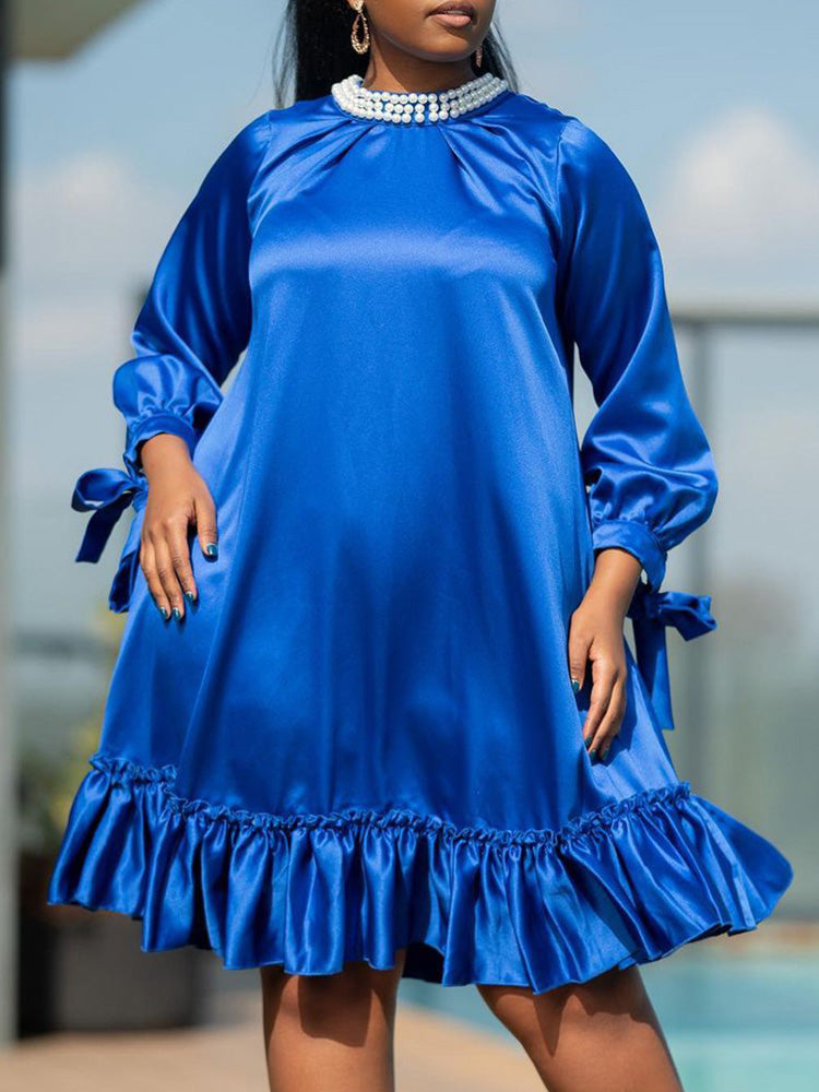 Women's Pearls Neck Bandage Sleeve Ruffle Dress Midi Dresses women's mini dress