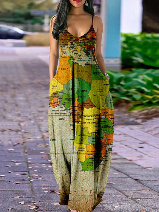 Women's Casual Map Print Spaghetti Strap Maxi Dress Dress
