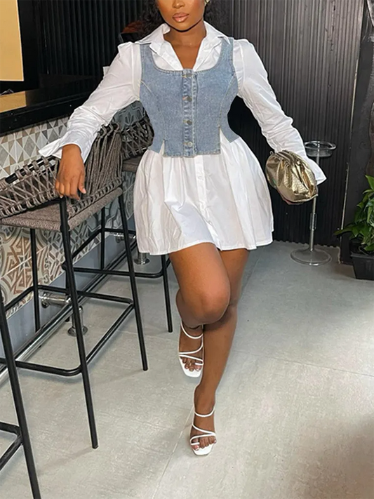 Women's Denim Vest And Shirt Dress Set Mini Dresses White