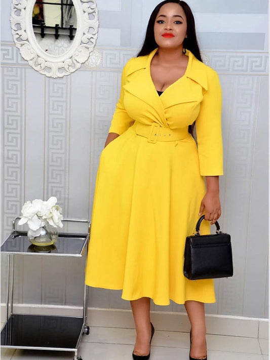 Women's Fashoin Solid Lapel Maxi Dress Dress