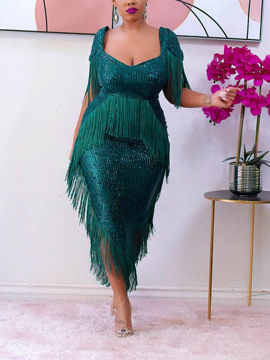 Women's Fringe Trim Asymmetrical Hem Sequin Dress Midi Dresses women's mini dress