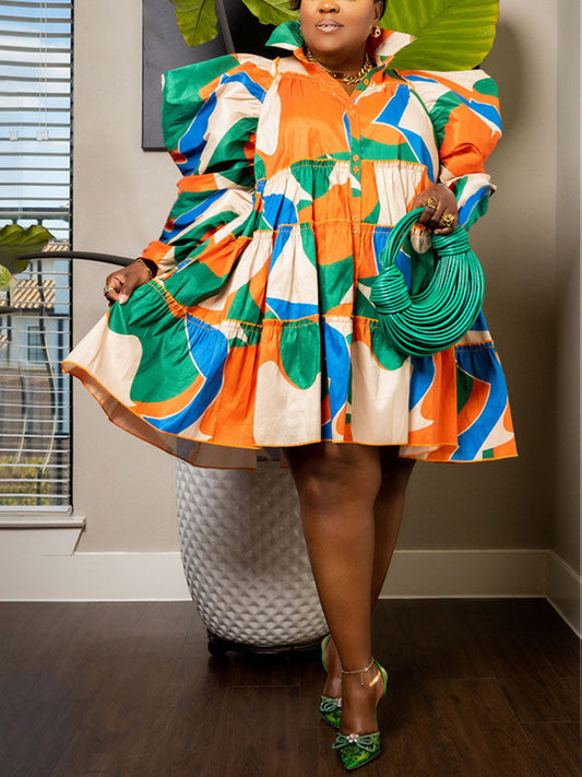 Women's All Over Print Puff Sleeve Shirt Mini Dress Green Orange