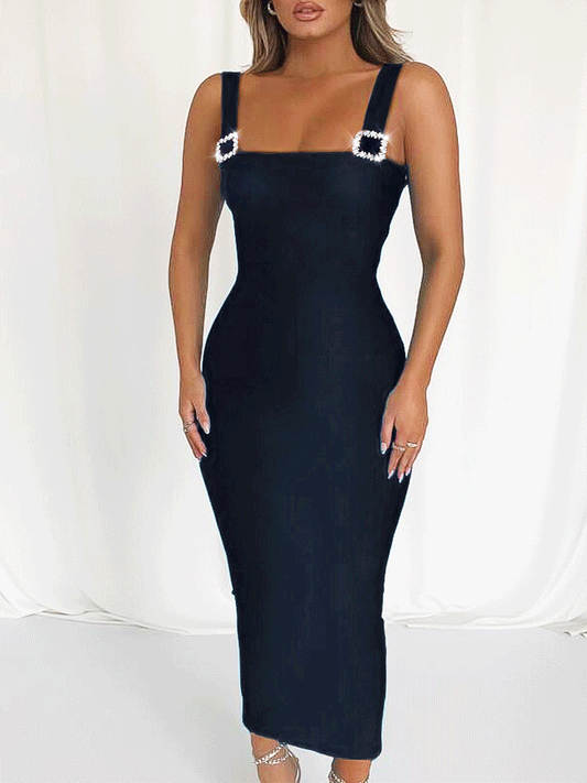 Women's Diamond Button Bodycon Maxi Dress Dress