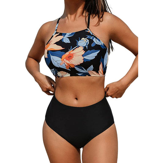 Women's Leaves Printing High-Waisted Halter Swimwear Beach Bikini
