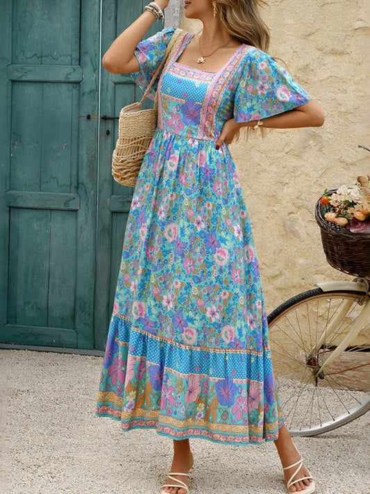 Holiday blue and pink floral print A-line maxi dress women's dress by vivmom