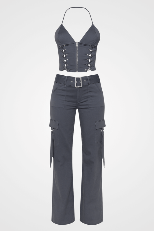 Backless Crop Top Lace Up Zip Halter Pocket Straight Leg Pants Matching Set