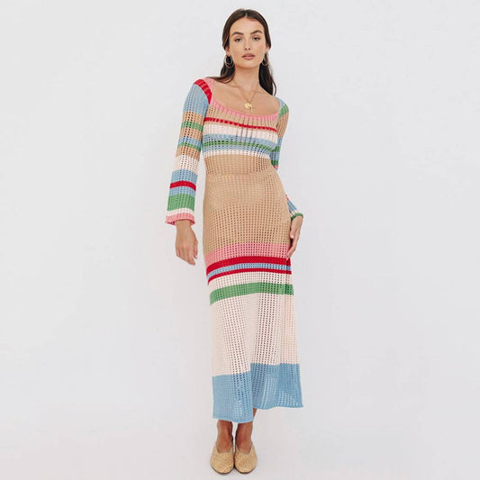 GACVGA Striped Knitted Sexy Long Dress Full Sleeve Hollow Out Casual Women Beach Party Maxi Dress women's dress by vivmom