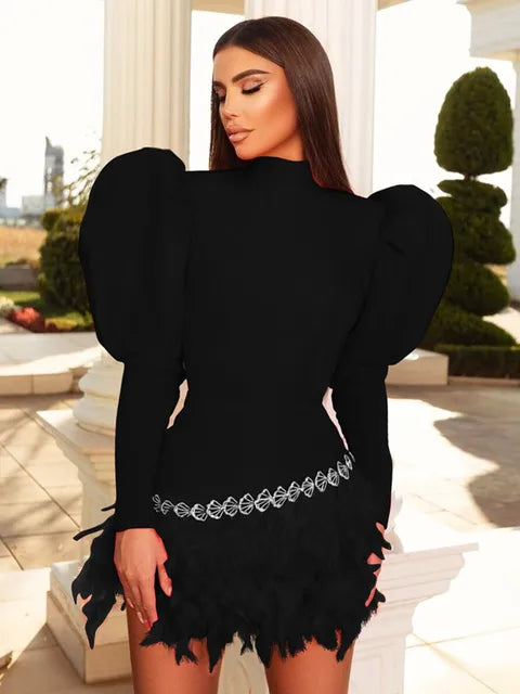 Women Celebrity Sexy Long Sleeve Feather Diamonds Black Red Mini Bodycon Bandage Dress Elegant Evening Club Party Dress