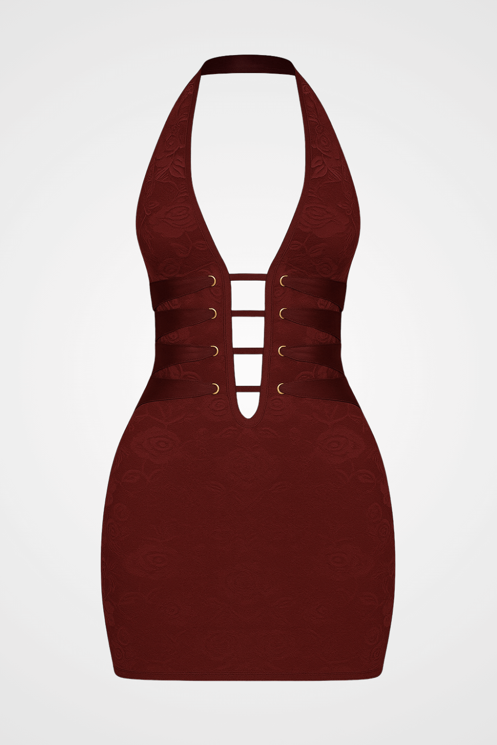Women's Deep V Neck Jacquard Lace Bodycon Halter Mini Dresses - Burgundy XS