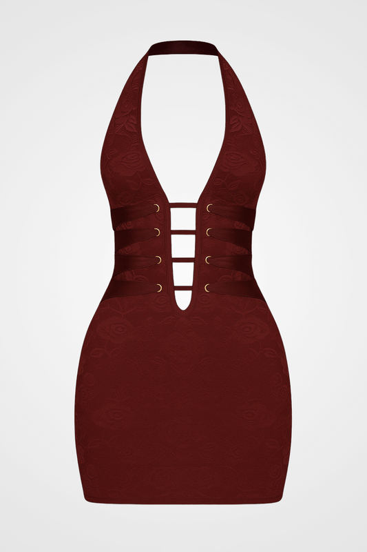 Women's Deep V Neck Jacquard Lace Bodycon Halter Mini Dresses - Burgundy XS