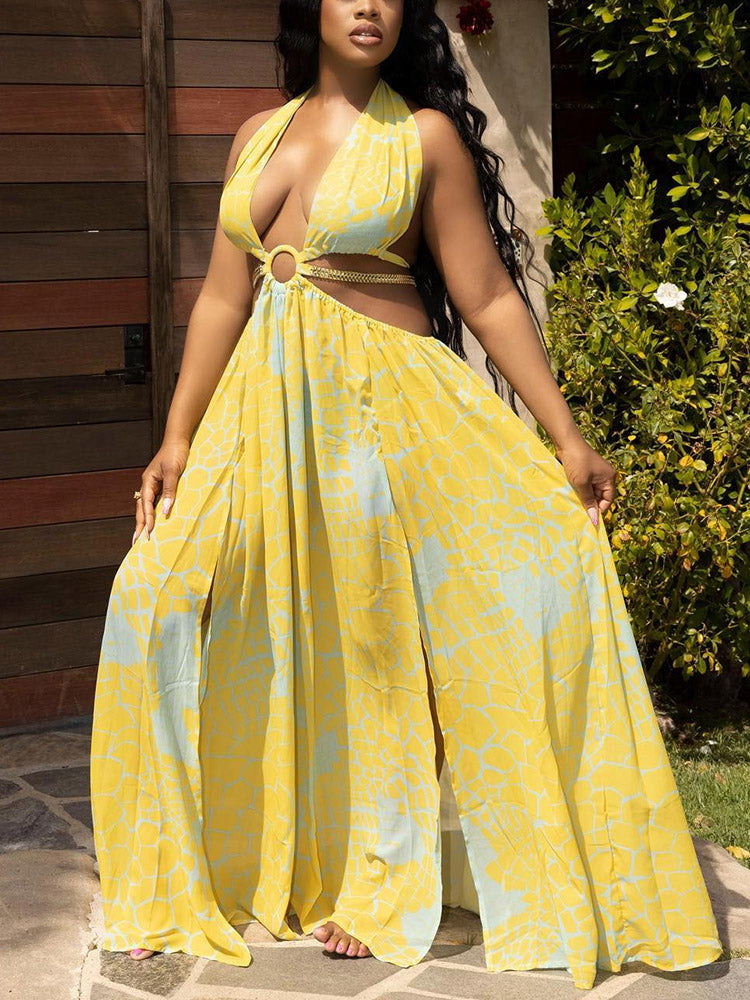 Floral Print Cut Out Halter Dress women's dress by vivmom