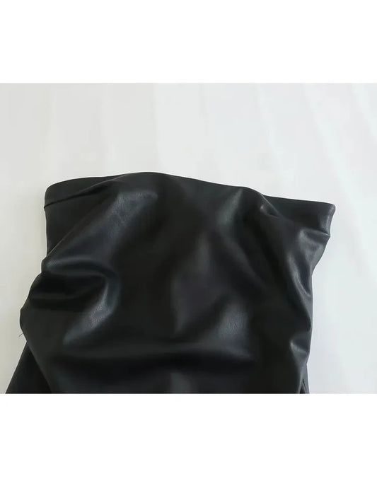 Women's Black Faux Leather Dress Woman Off Shoulder Bodycon Long Dresses Sexy Backless Dress Midi Party Dresses