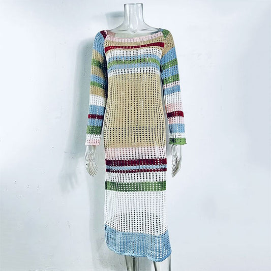 Women's GACVGA Striped Knitted Sexy Long Dress Full Sleeve Hollow Out Casual Women Beach Party Maxi Dress Dress