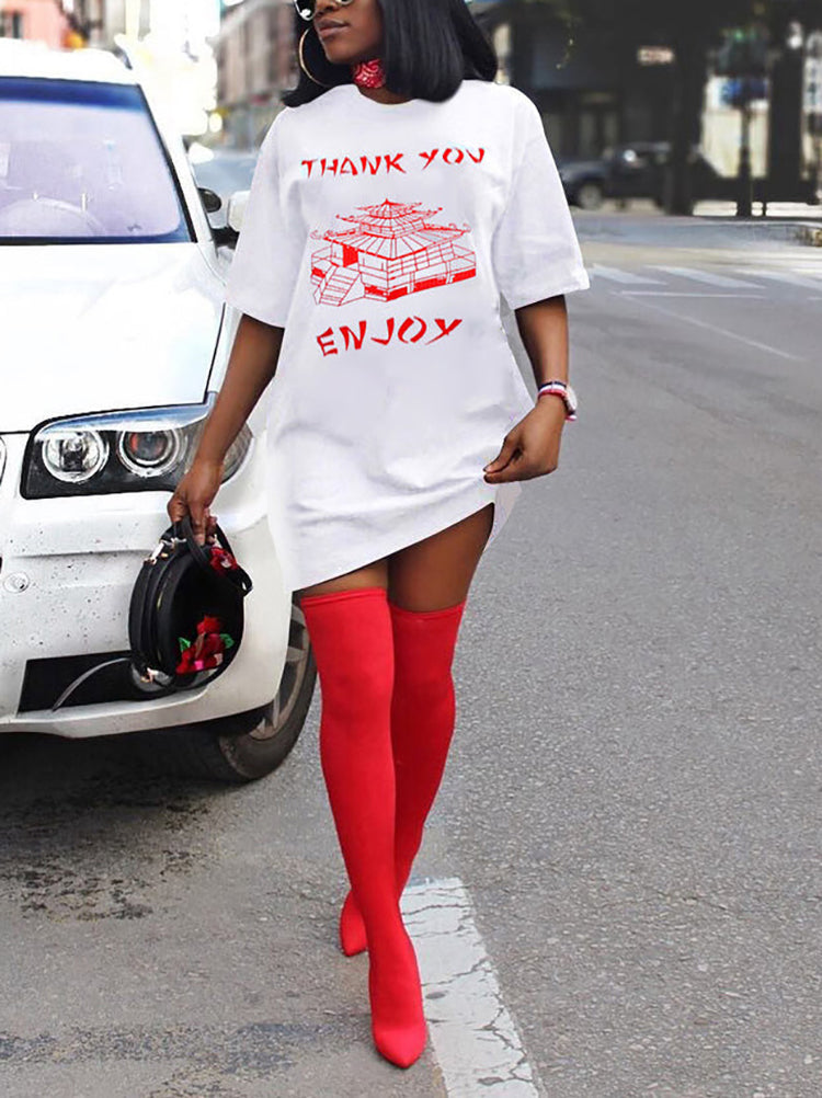 Women's Casual Geometric Letter Print Shirt Dress Mini Dresses White