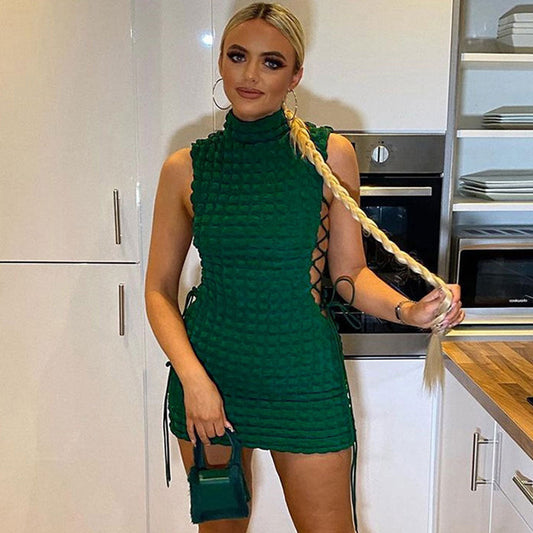 women's check effect mock neck lace up cutout club mini dress party dresses