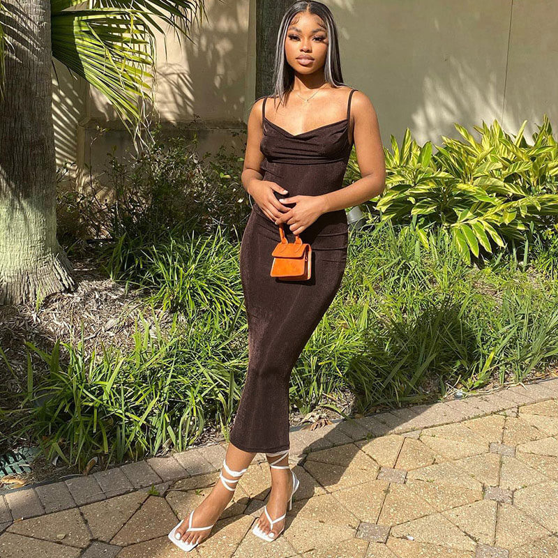 Classy Solid Color Fishtail Cowl Neck Low Back Slip Maxi Dress - Brown women's dress by vivmom