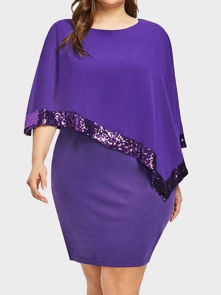 Women's Cold Shoulder Overlay Asymmetric Sequins Dress Mini Dresses Purple