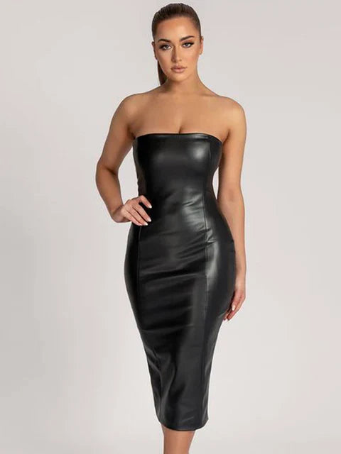 Pu Faux Leather Women Midi Party Dress Women Backless Sexy Hot Clubwear Skinny Slim Solid Elegant Bodycon Dresses