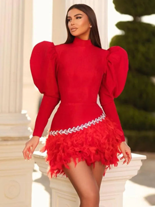 Women Celebrity Sexy Long Sleeve Feather Diamonds Black Red Mini Bodycon Bandage Dress Elegant Evening Club Party Dress