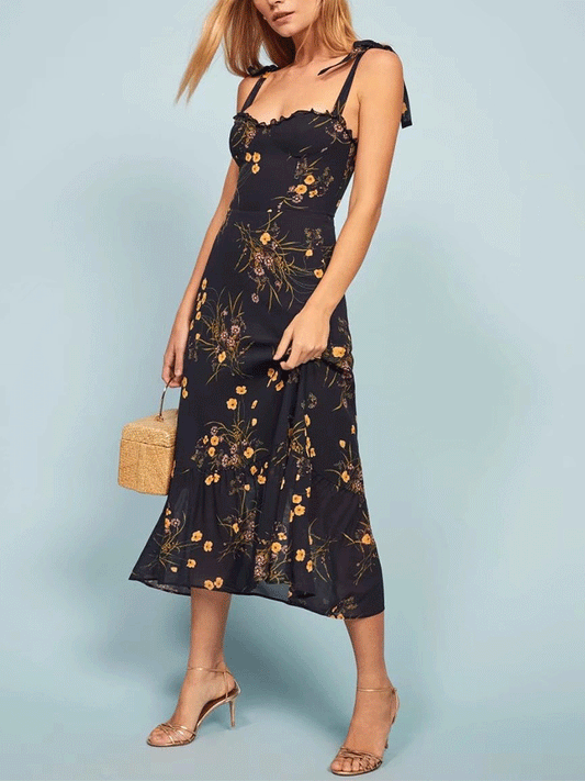 Women's Floral Printed Ruffles Suspender Maxi Dress Dress