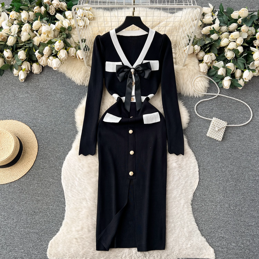 Women's Knitted dress Women's autumn and winter bow single