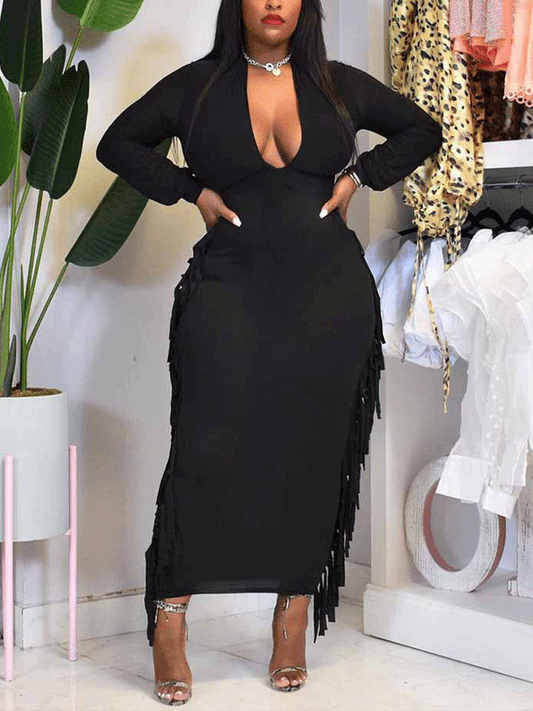 Deep V-neck Tassels Maxi Dress women's dress by vivmom