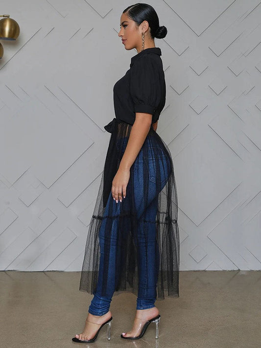 Turn-Down Collar Mesh Tops