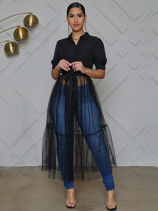 Turn-Down Collar Mesh Tops