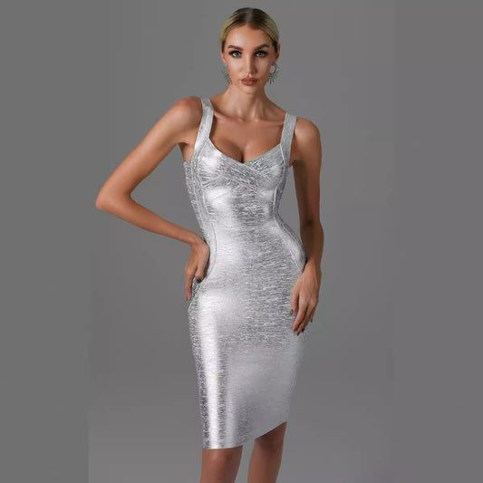 Women's Gold Metallic Sleeveless Backless Bodycon Dress for Evening Parties Bodycon Dresses