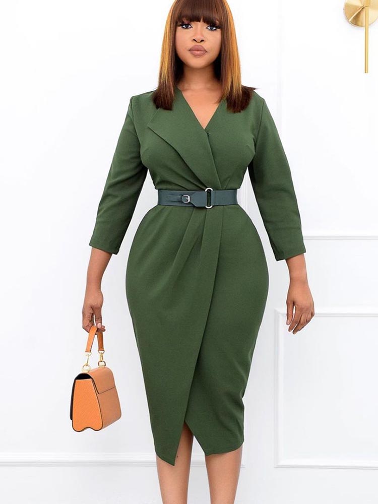 Women's Solid With Belt V Neck Dress Midi Dresses women's mini dress
