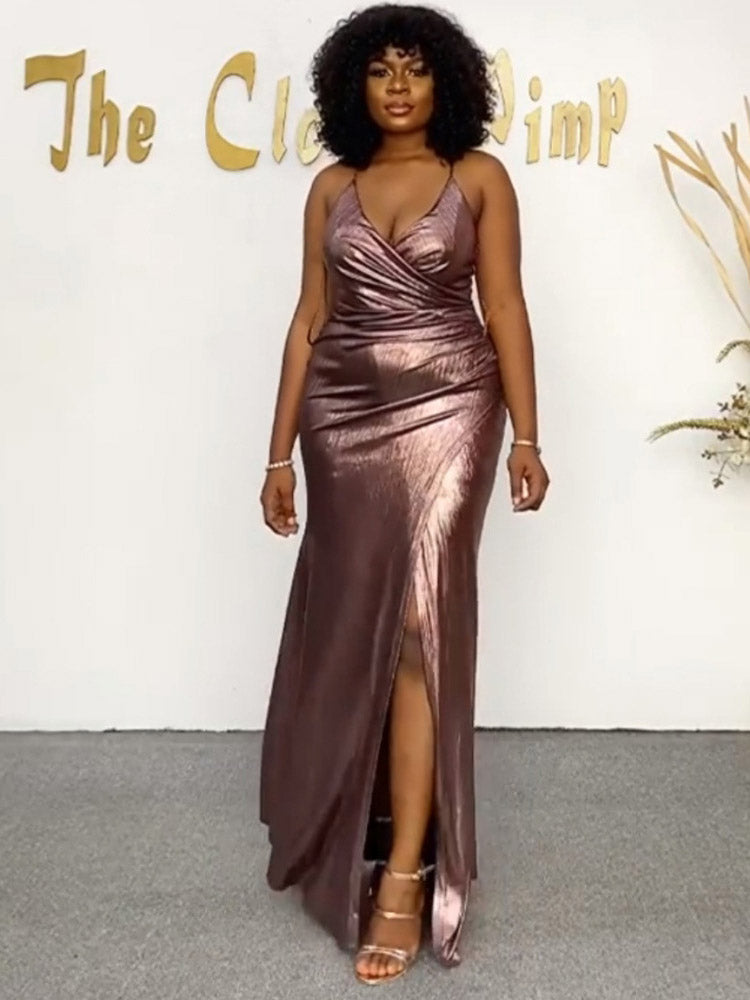 Backless Bronzing Slit Maxi Dress women's dress by vivmom