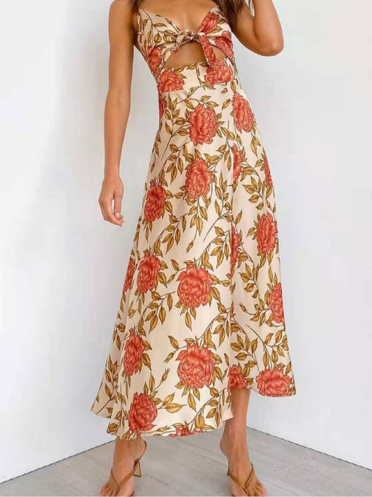 Women's Beach Halter Dress With Printed Bow Dress