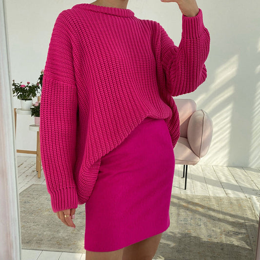 Candy Color Crewneck Pullover Sweater - Rose