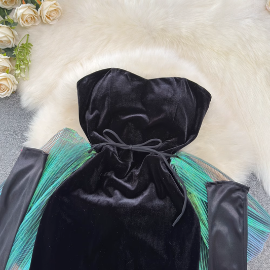 Women's Retro black velvet tube top bow bodycon dress Bodycon Dresses