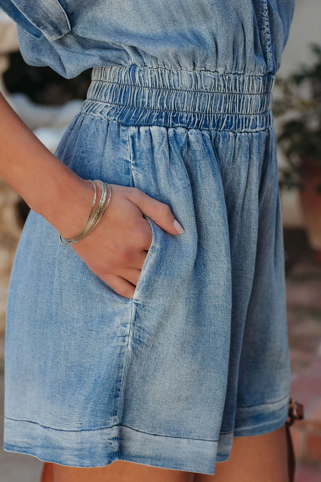 Judith Pocketed Chambray Romper | Dress In Beauty