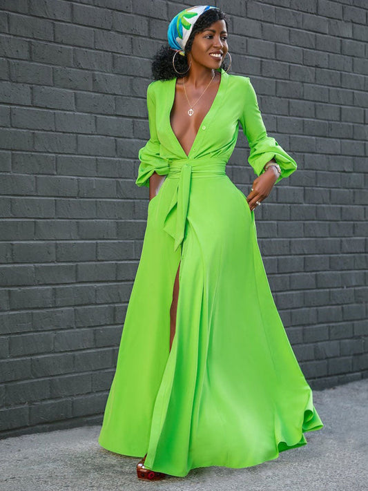 Women's Button Down Slit V Neck Maxi Dress Dress