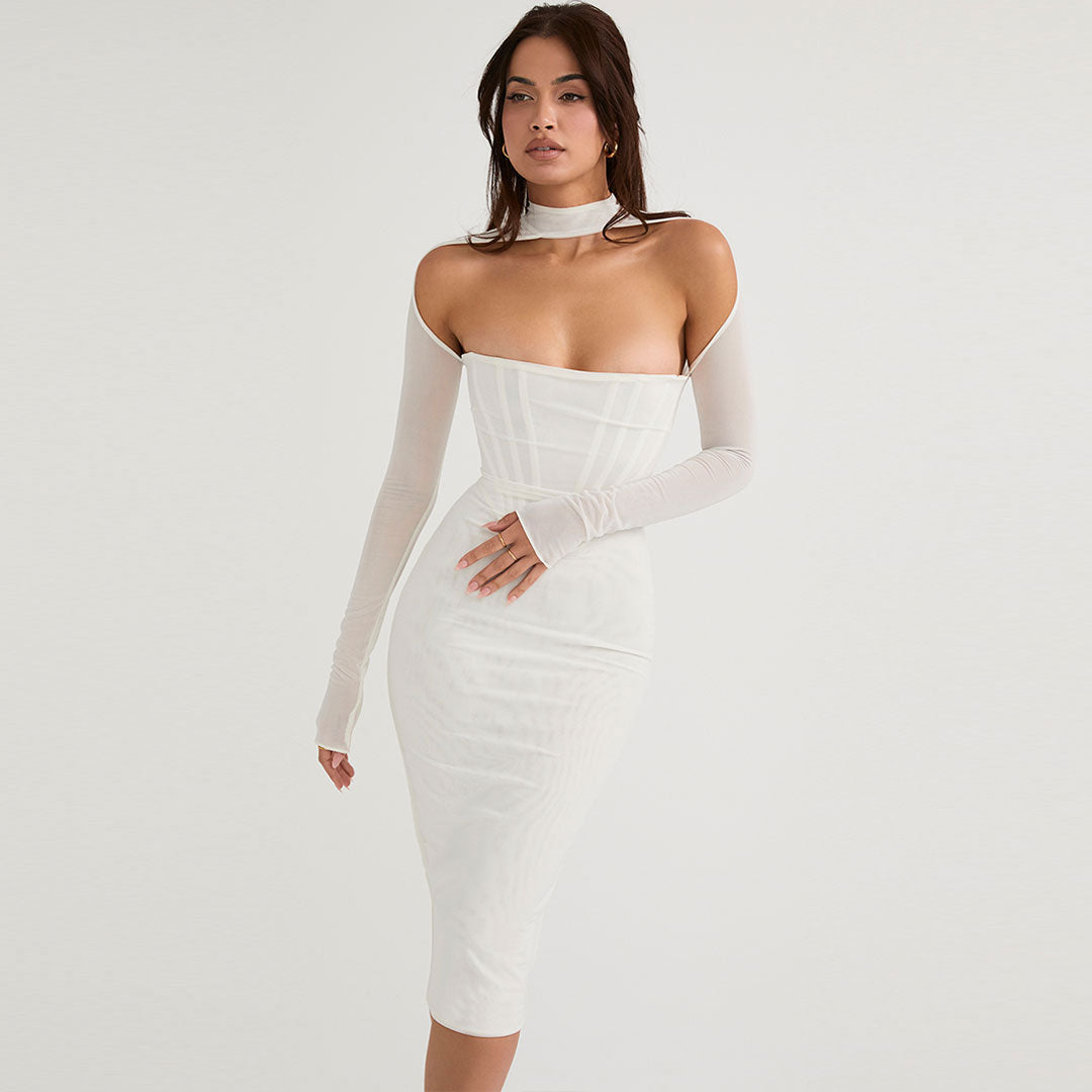 Women's Cut Out Long Sleeve Mesh Bodycon Cocktail Midi Dress Midi Dresses women's mini dress