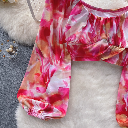 Smudged one-shoulder shirt Women's summer lantern sleeve design short crop top