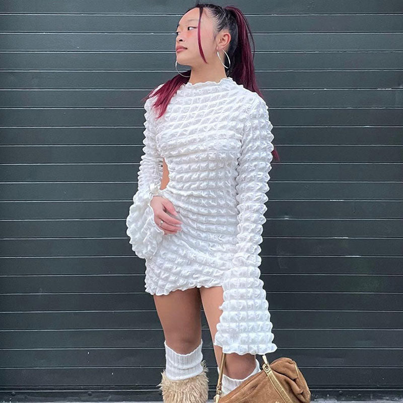 women's texture cut out long sleeve bodycon mini dress party dresses