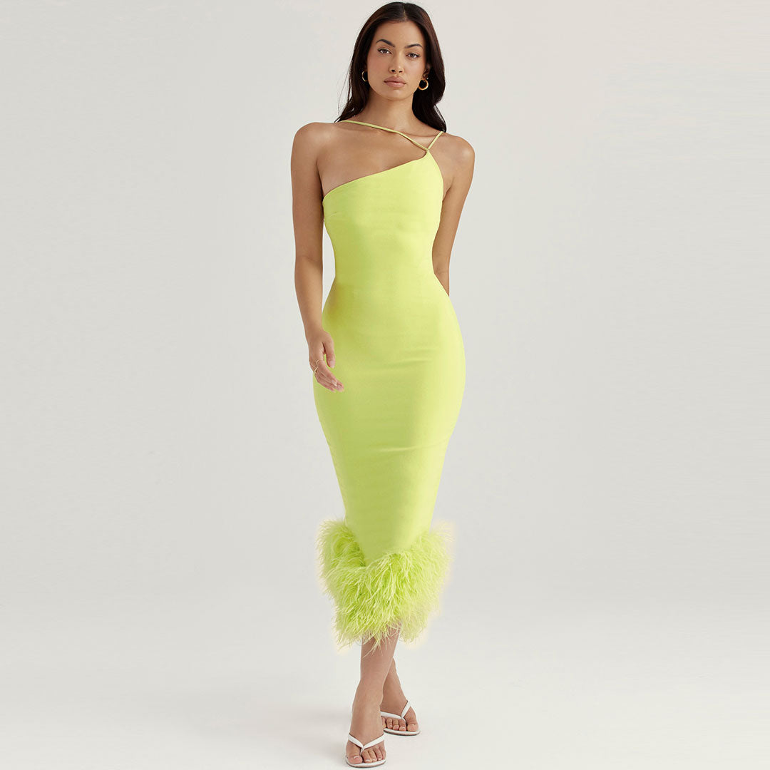 Women's Feather Trim Sleeveless Bodycon Cocktail Midi Dress Midi Dresses women's mini dress