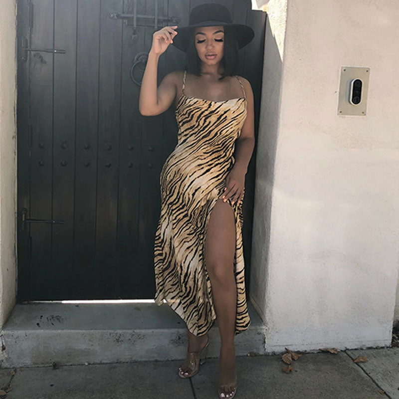 Women's Hem Animal Print High Split Sleeveless Midi Dress Midi Dresses women's mini dress