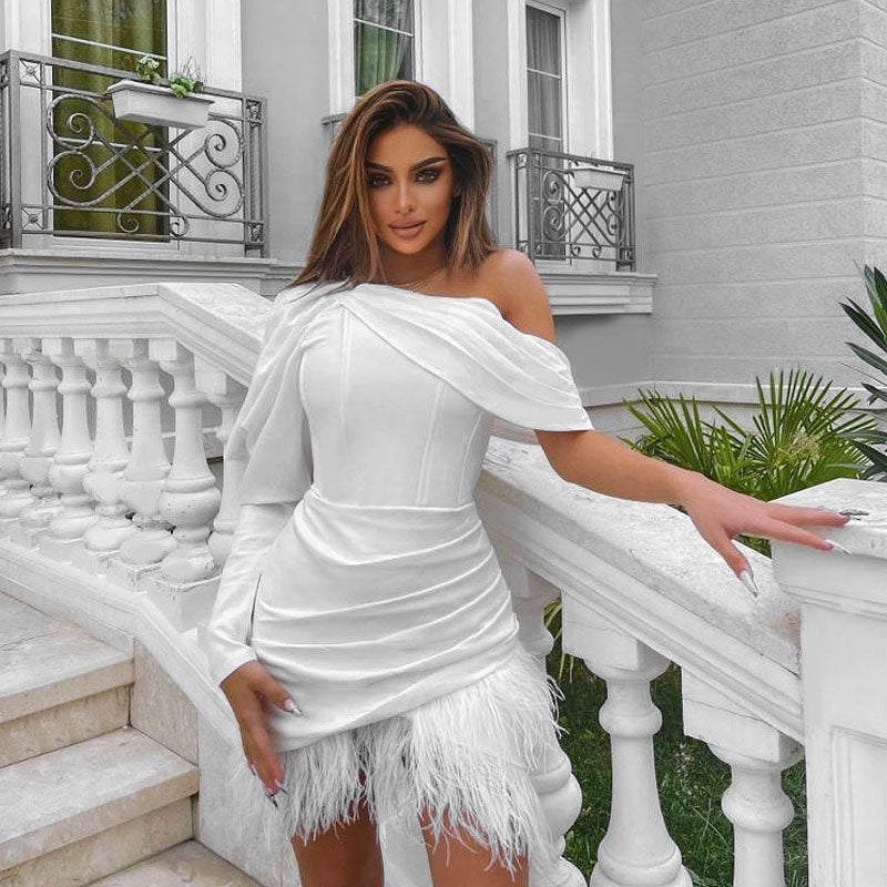 women's puff sleeve one shoulder feather corset mini dress party dresses