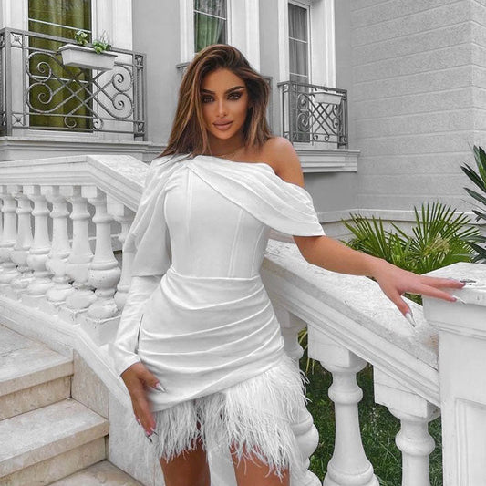 women's puff sleeve one shoulder feather corset mini dress party dresses