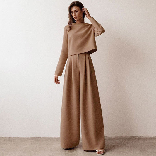 Long Sleeve Crop Top Wide Leg Pant Matching Set - Coffee