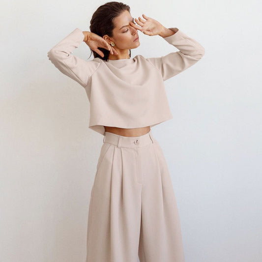 Long Sleeve Crop Top Wide Leg Pant Matching Set - Khaki