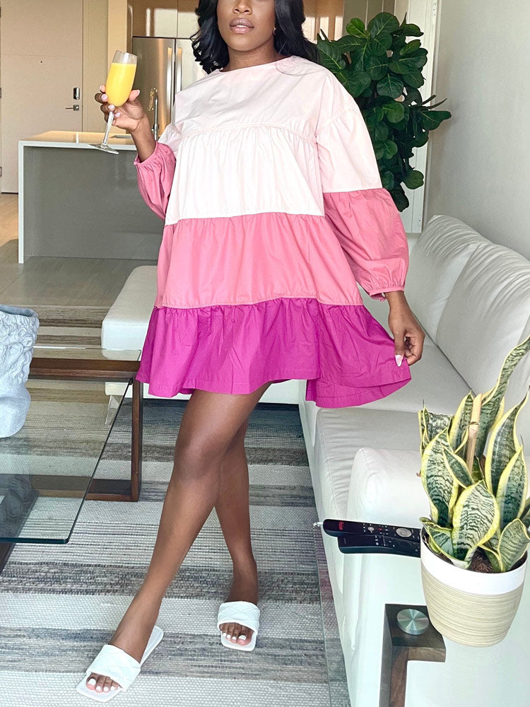 Women's Color Block Shirt Dress Mini Dresses Pink