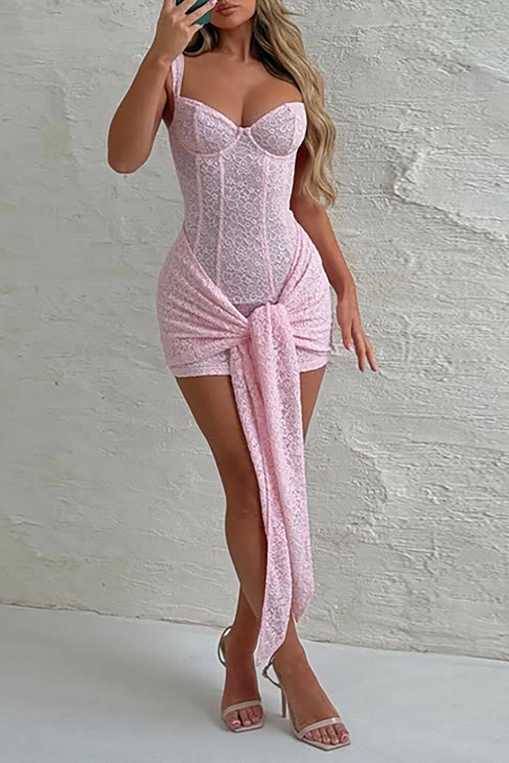 Women's Corset Design Ruched Tie Up Streamer Bodycon Lace Slip Mini Dresses - Pink