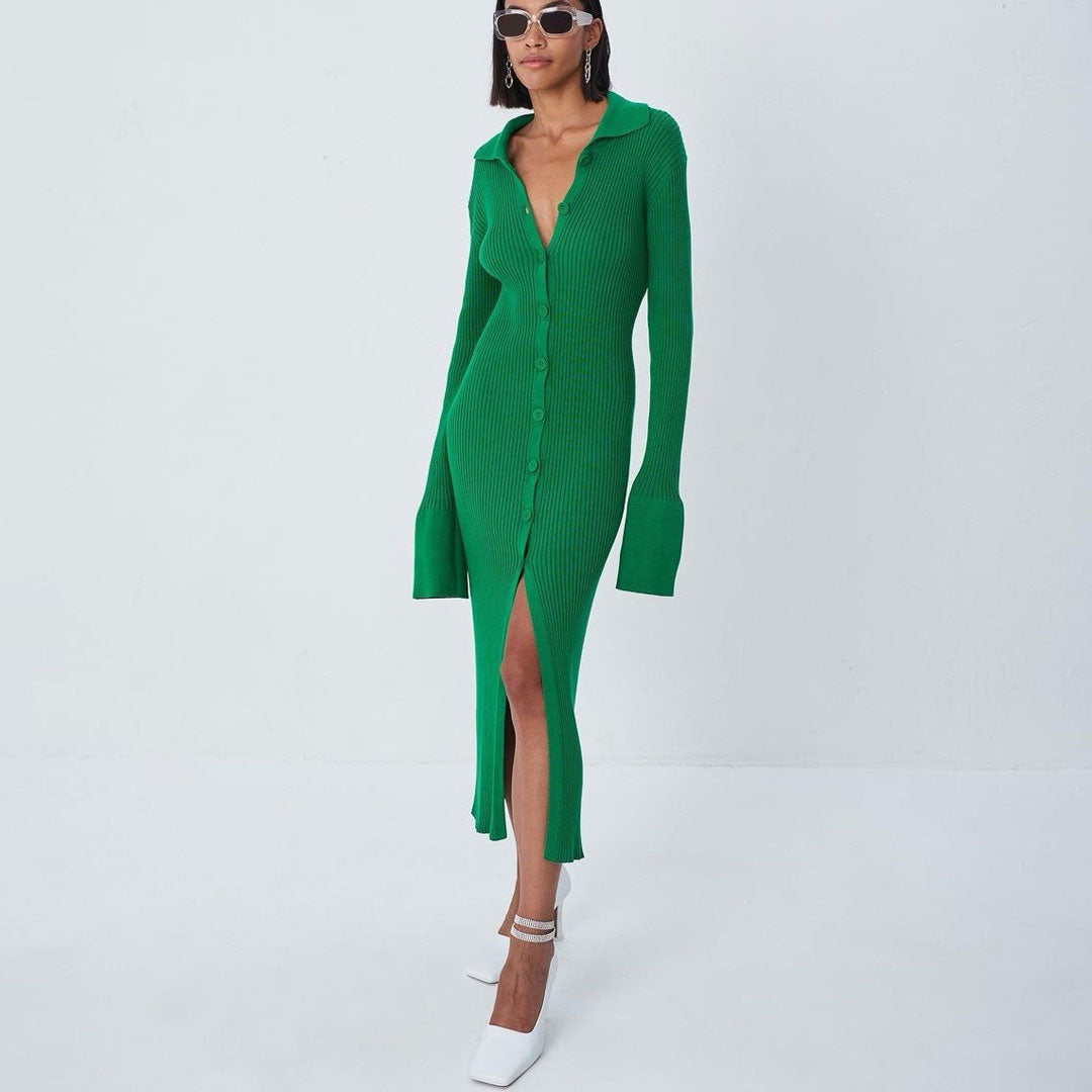 Collared Button Down Long Sleeve Split Trim Maxi Dress - Green women's dress by vivmom
