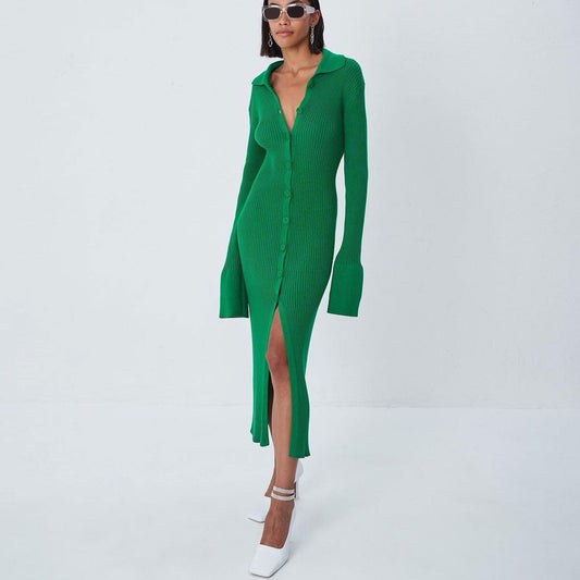 Women's Collared Button Down Long Sleeve Split Trim Maxi Dress Midi Dresses women's mini dress