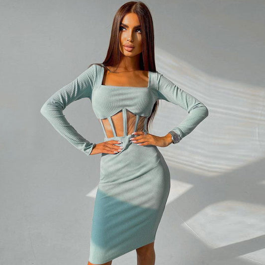 Women's Square Neck Long Sleeve Mesh Panel Midi Dress Midi Dresses women's mini dress